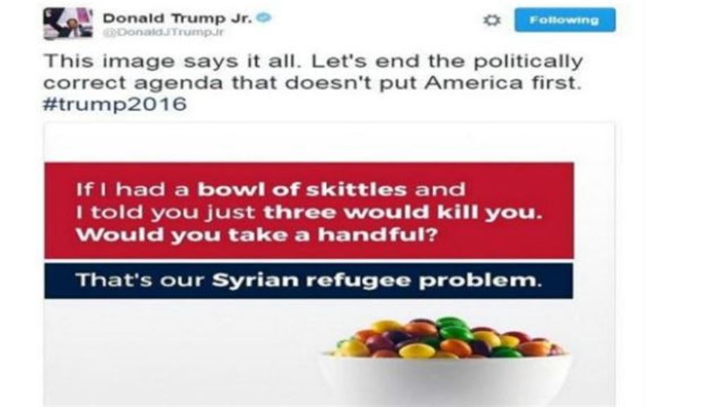 ترامب الأبن يشبّه اللاجئين السوريين بحلوى "سكيتلز" القاتلة والشركة تعترض