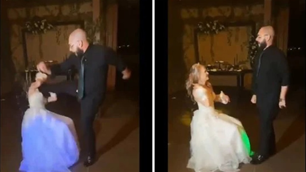 عريس يركل عروسه في وجهها خلال حفل الزفاف (فيديو)