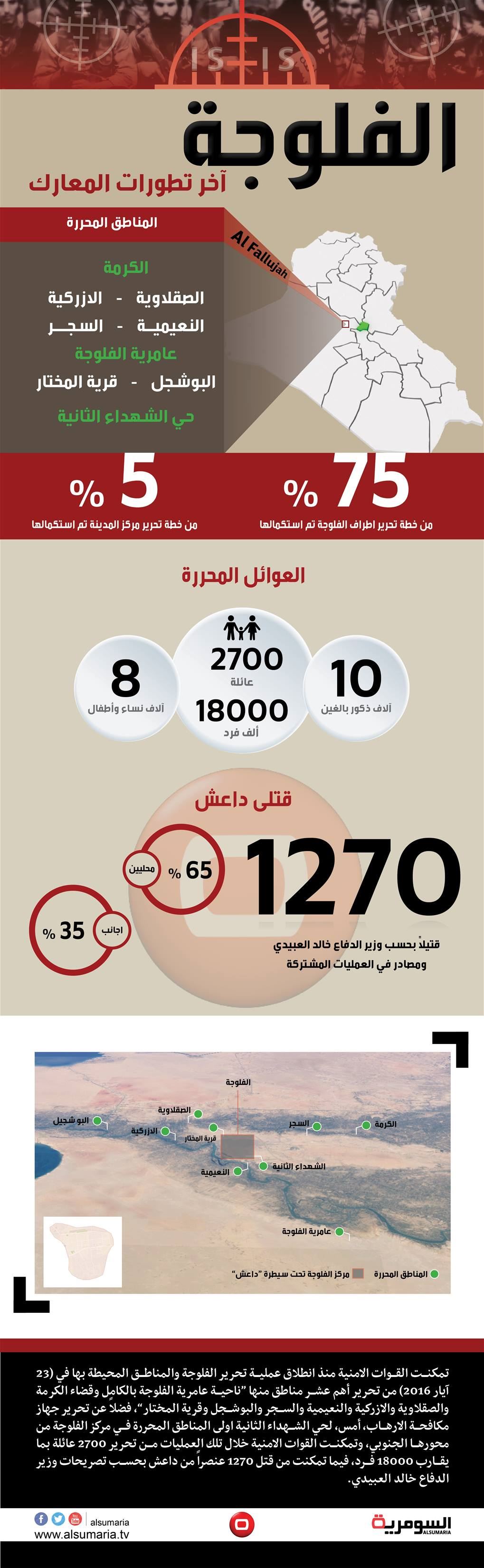 بالانفوغراف.. تحرير 2700 عائلة فلوجية ومقتل 1270 داعشي خلال 16 يوماً