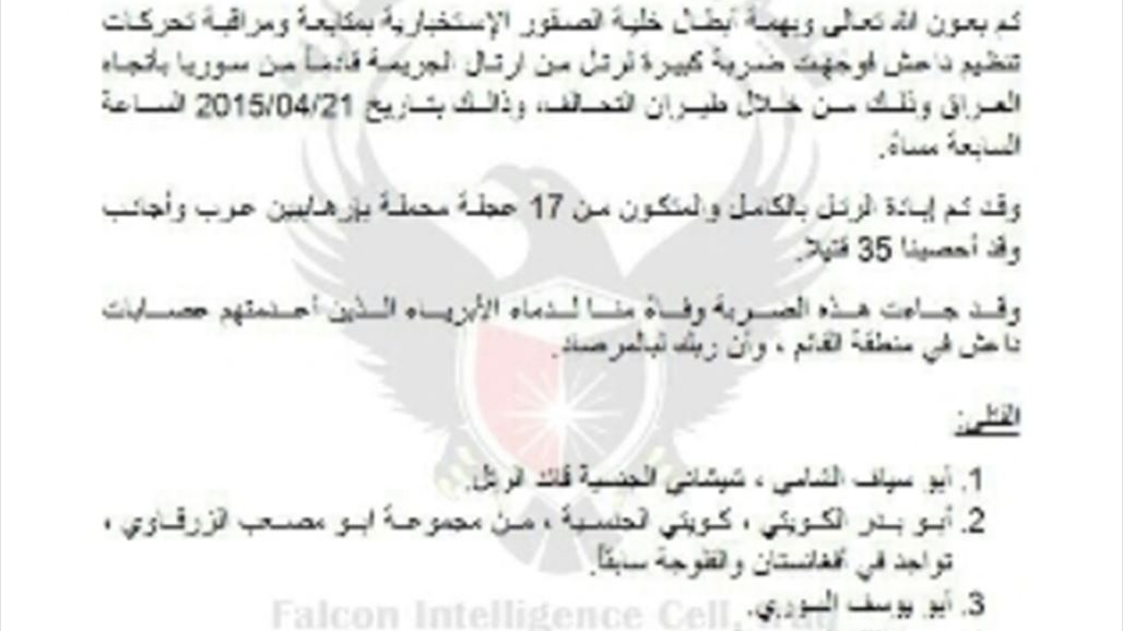 خلية الصقور: طيران التحالف أباد رتلاً لداعش من 17 عجلة قادماً من سوريا