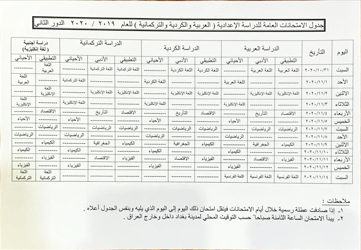 جدول جديد لامتحانات السادس اعدادي الدور الثاني لجميع فروعه جدول جديد لامتحانات السادس اعدادي الدور الثاني لجميع فروعه