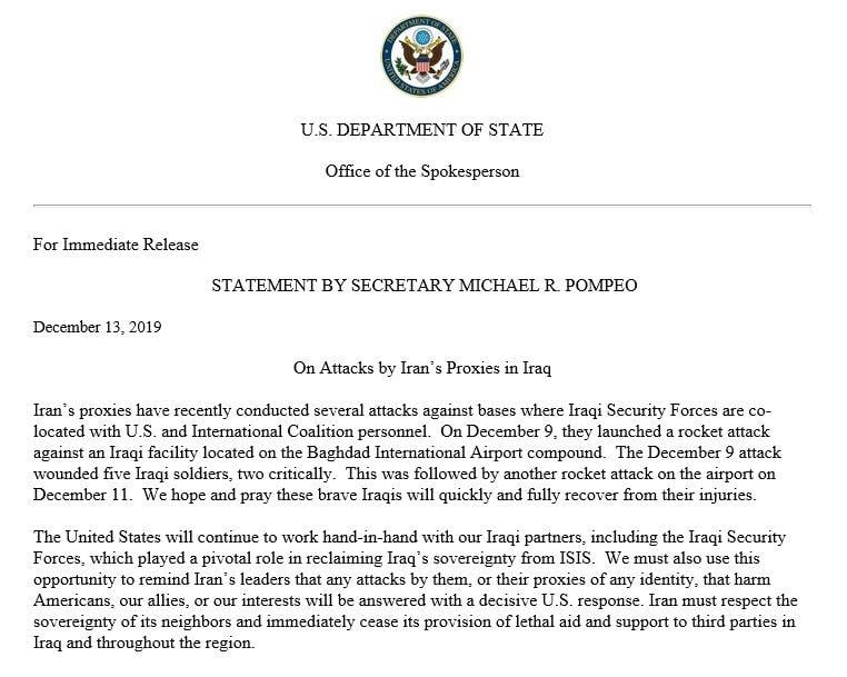 صحيفة العراق تنشر نص بيان السفارة الامريكية حول قصف قوات طالب شغاتي الامريكي الجنسية وايران ترد