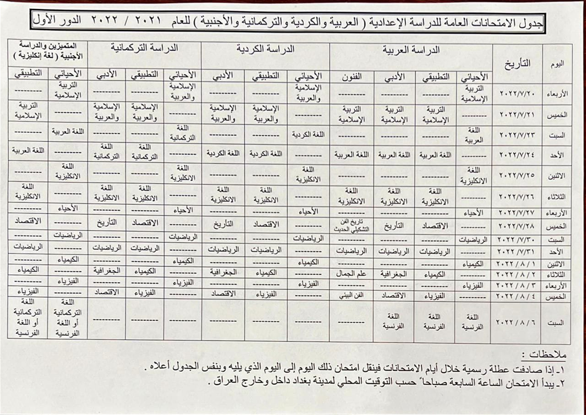صحيفة العراق تنشر جدول الامتحانات العامة للدراسة الاعدادية
