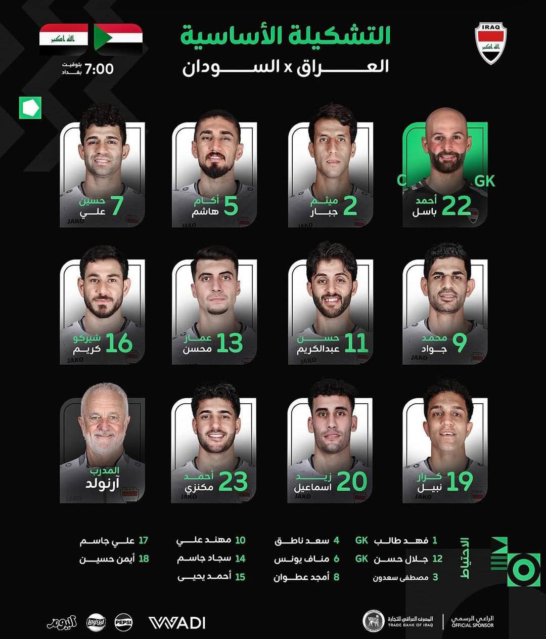 بغياب ميمي وايمن حسين.. تشكيلة المنتخب العراقي لمواجهة السودان في كأس العرب