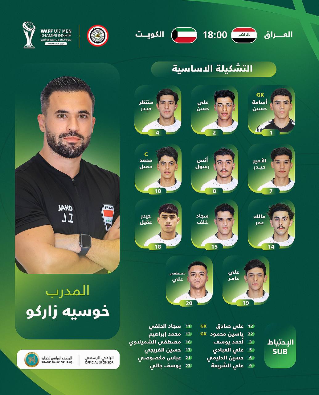 تشكيلة منتخبنا للناشئين لمواجهة الكويت ببطولة كأس غرب آسيا اليوم